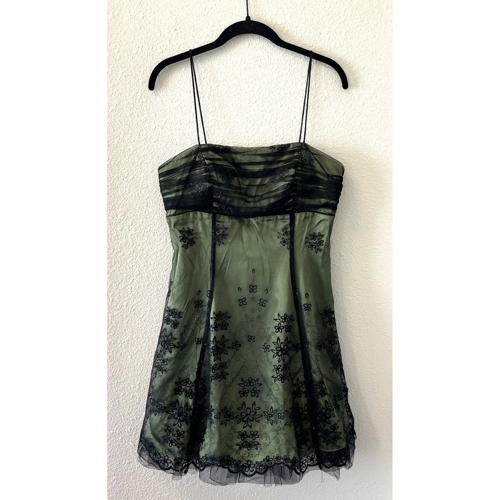 Vintage Betsy & Adam Dress Size 10 Green Black Floral Tulle Y2K Fairy Prom
